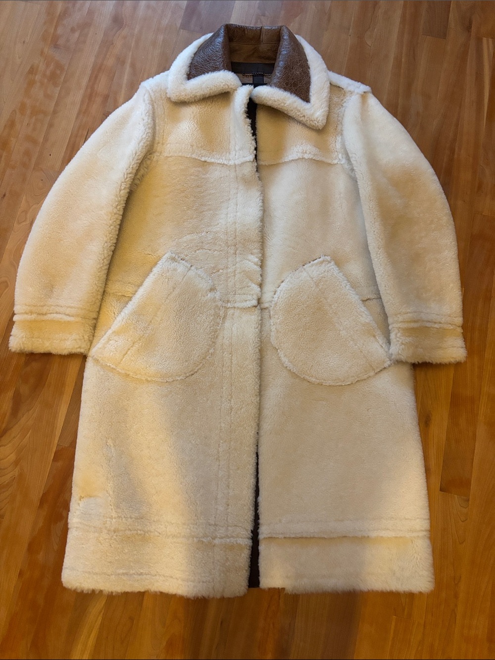 Coach Cream Leather Shearling Long Teddy Coat with Brown Collar